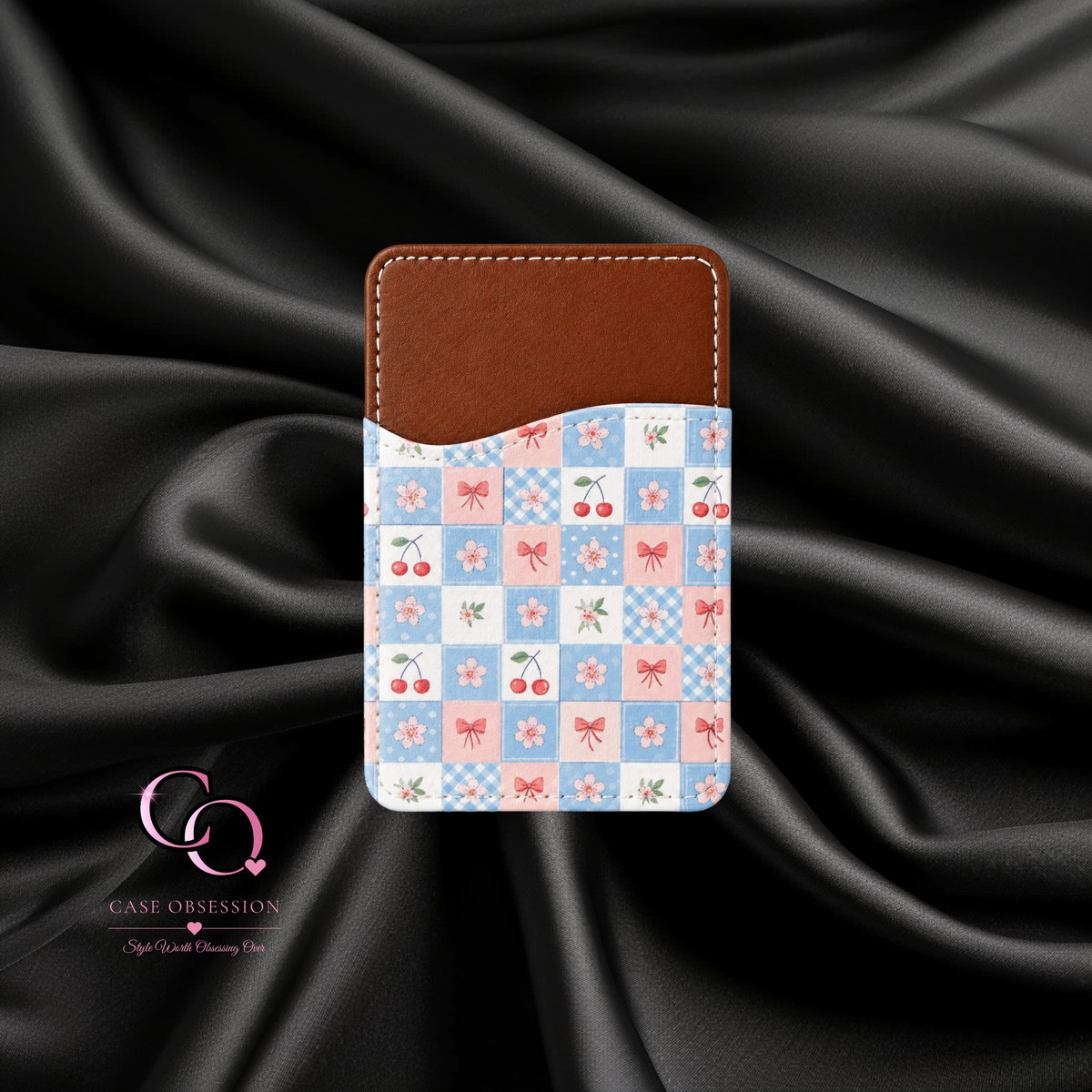 Cherry Check Phone Card Wallet — Adhesive Card Holder