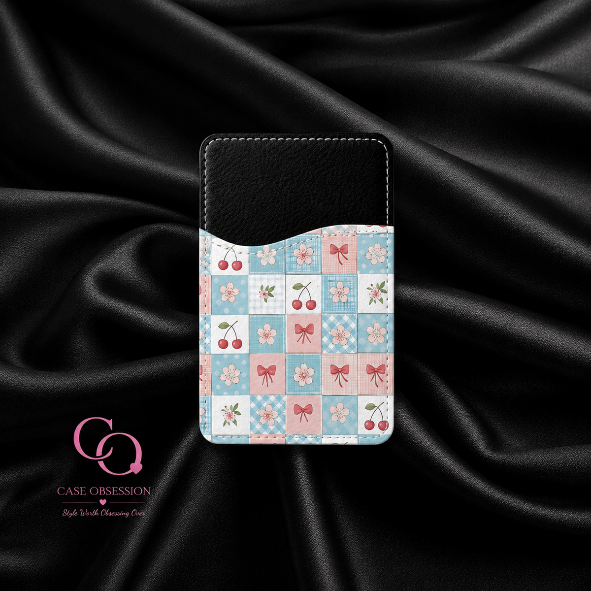 Cherry Check Phone Card Wallet — Adhesive Card Holder
